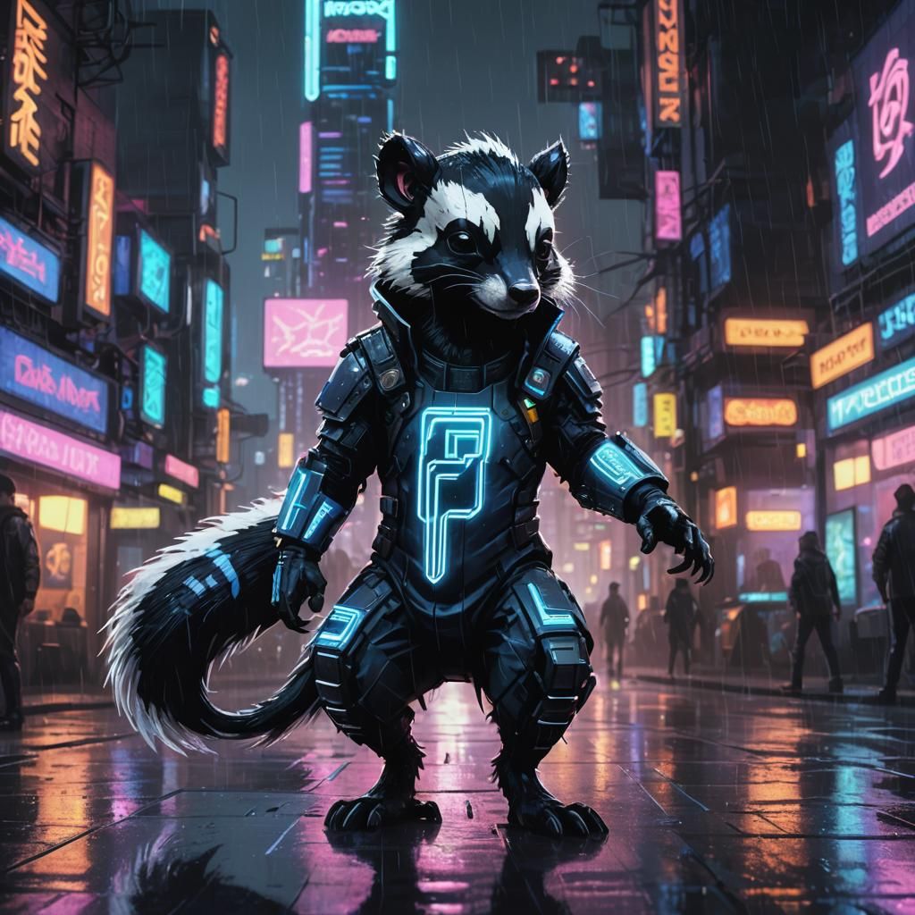 Cyberpunk Skunk Follows Netrunner in Neon Cityscape