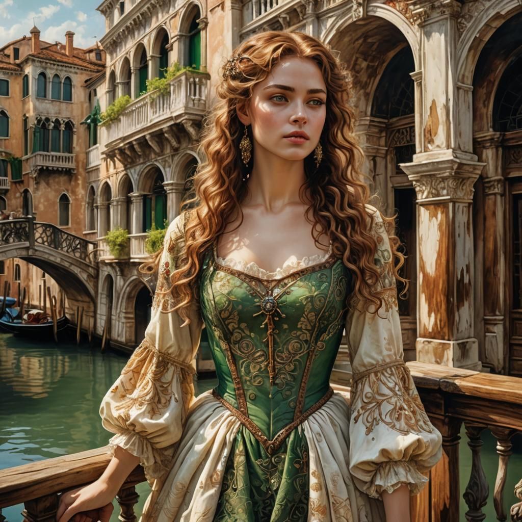Renaissance Venice Balcony Scene in Art Nouveau Style