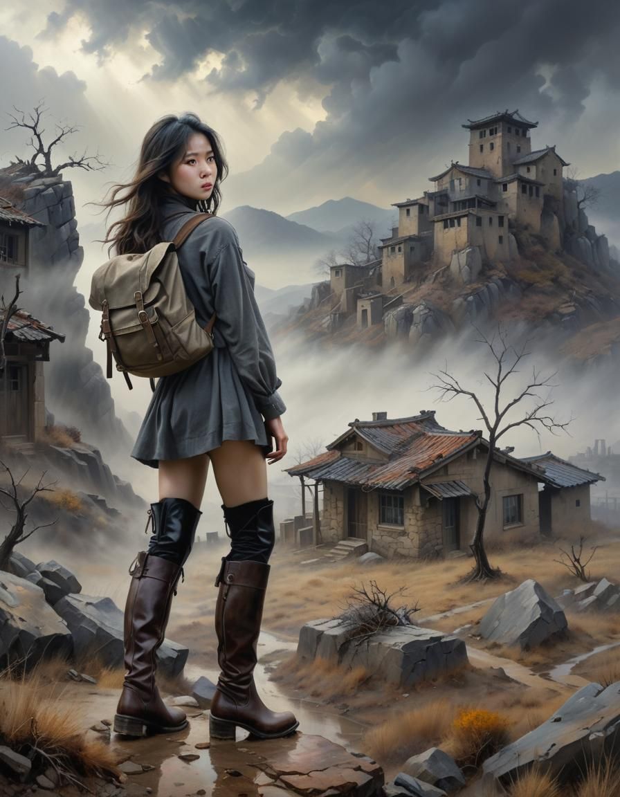 Ethereal Chiaroscuro Painting of Barren Hills and Woman