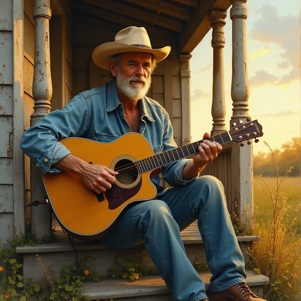 Weathered Musician Plays Vintage Guitar on Rustic Porch