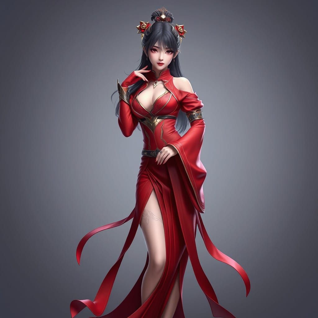 Elegant Red Goddess in Digital Painting Art