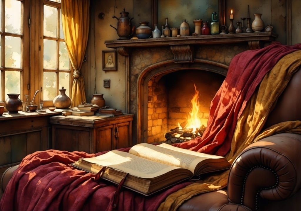 Cozy Living Room Scene with Fireplace, as Matte Painting
