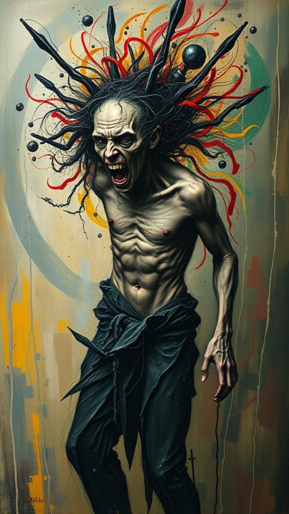 Surreal Figure Tormented by Chaos in Whirlwind of Emotions