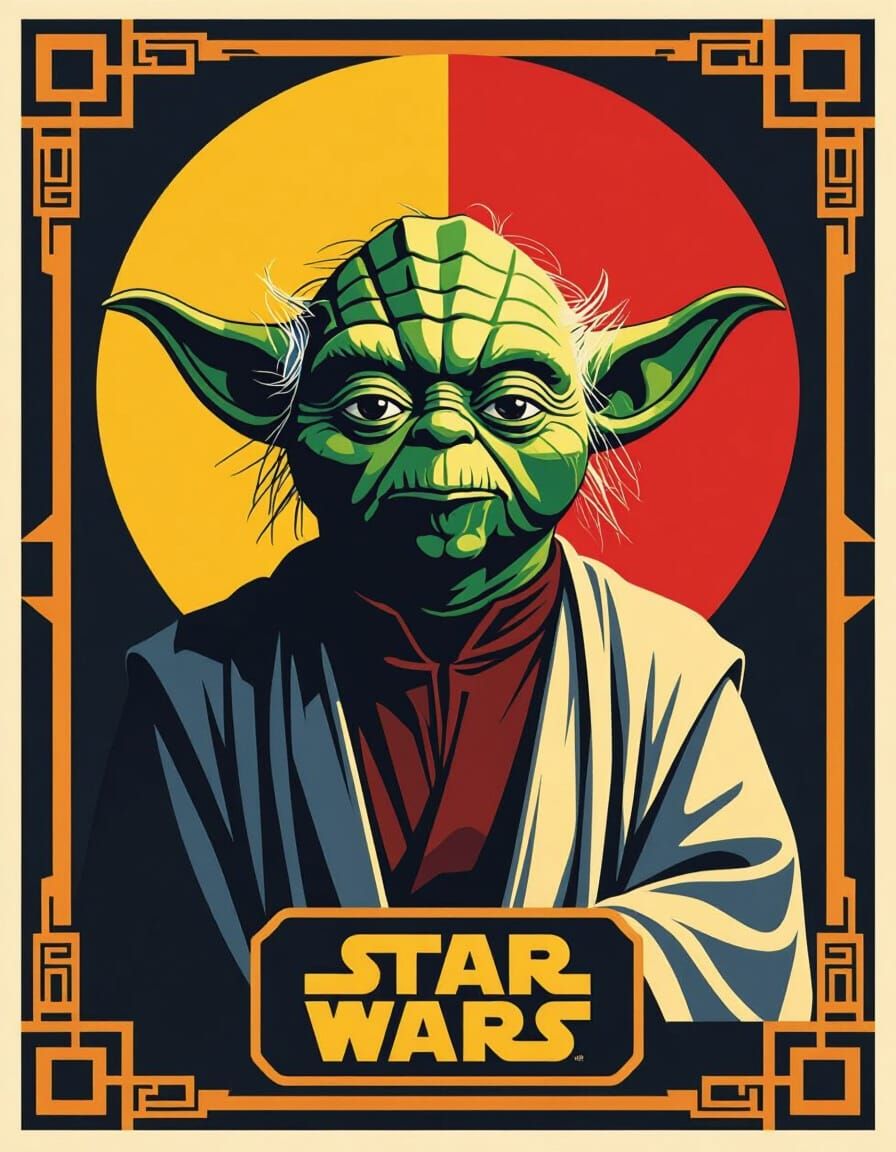 Fantasy Star Wars card with Yoda as the centerpiece. featuring clean minimal shapes,
bold flat areas of red, yellow, blu...