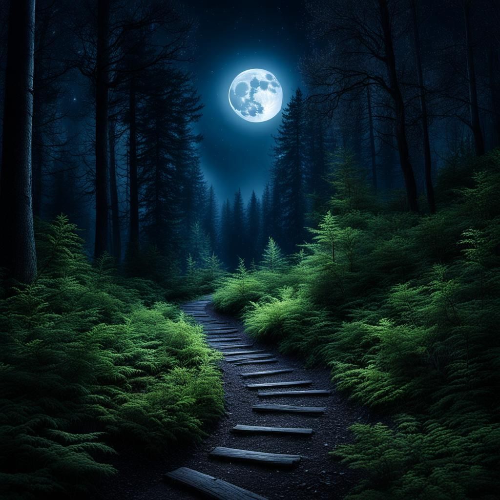 Moonlit Forest Path at Night