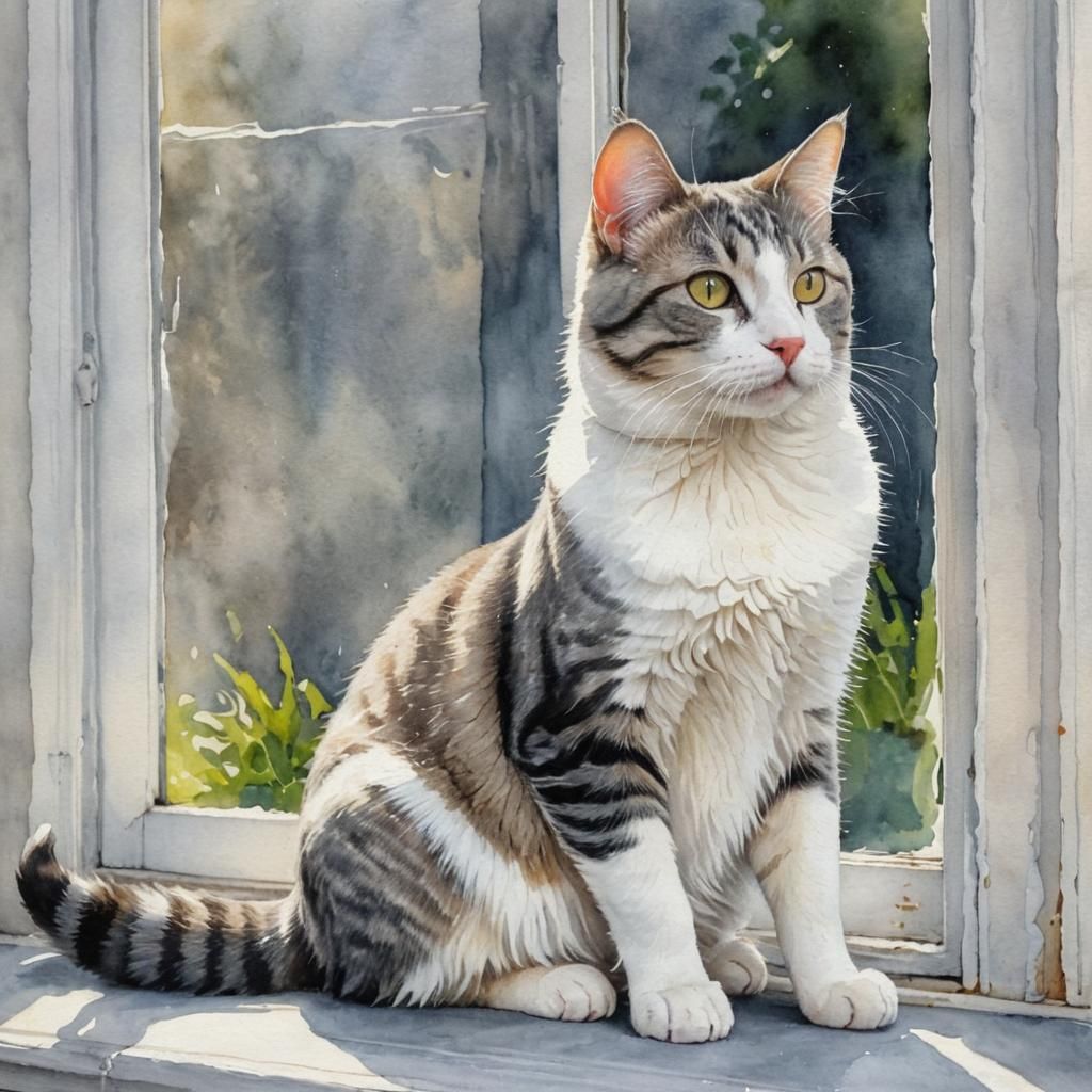 Grey Tabby Cat at Window in Watercolor Painting