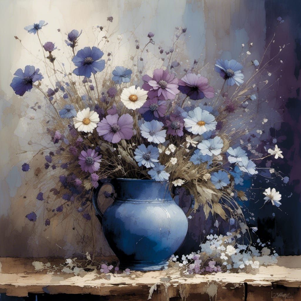 Floral Bouquet on Rustic Table in Watercolor Style