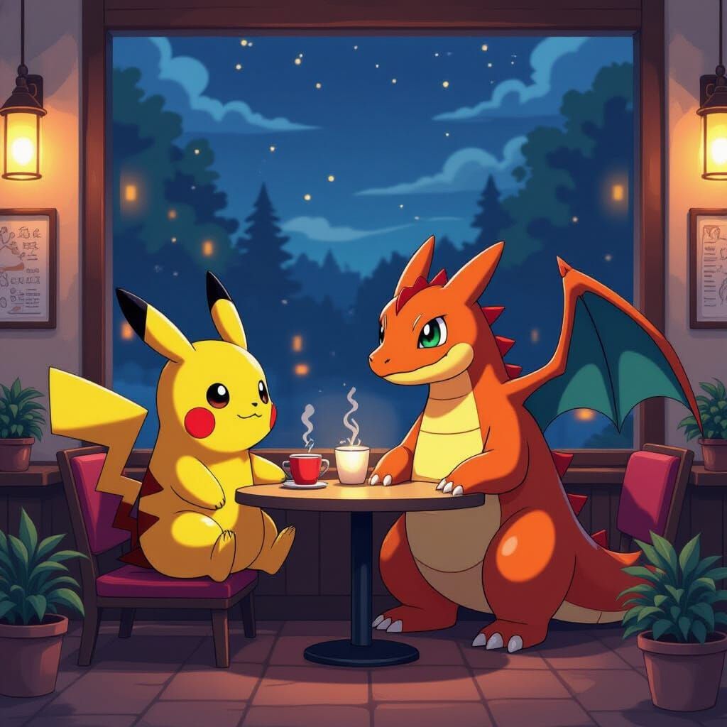 Pikachu and Charizard in a Night Cafe, Studio Trigger Style