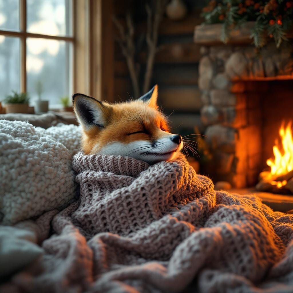 Fox Relaxing by Fireplace: Hyperdetailed Triadic Colors