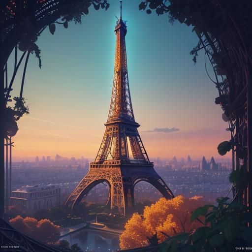 Eiffel Tower Transformed in Retro-Futuristic Cityscape