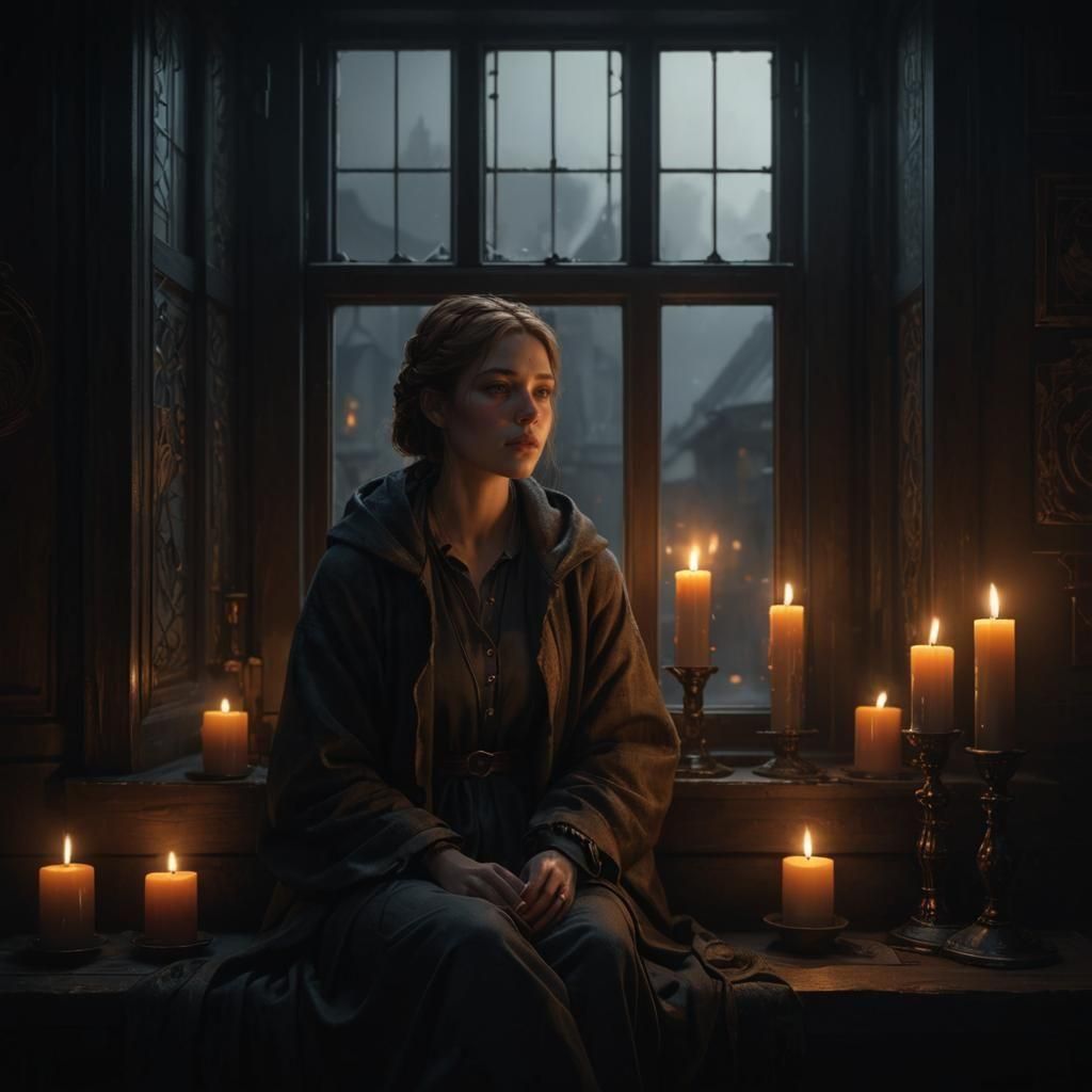 Girl in Candlelight: Detailed Portrait in Dim Room
