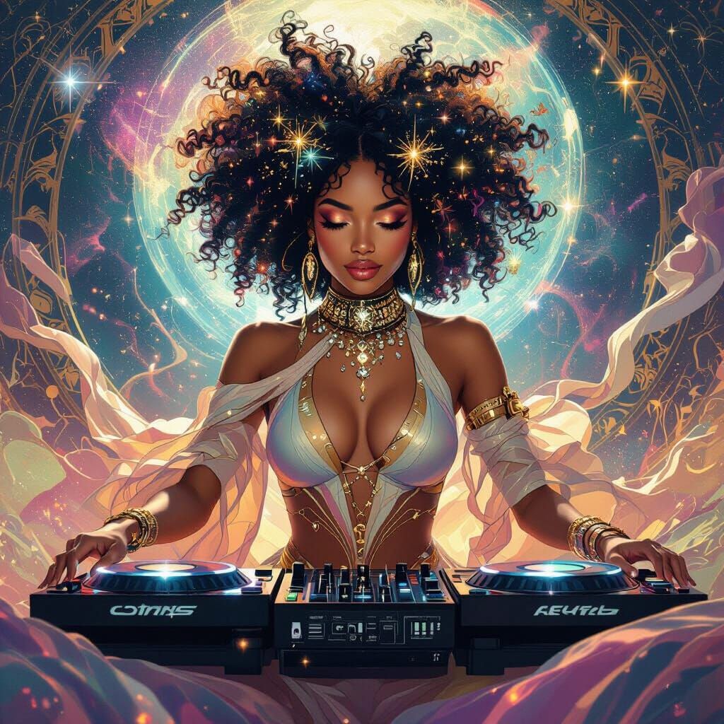Cosmic Afro-Latina DJ in Flowing Outfit