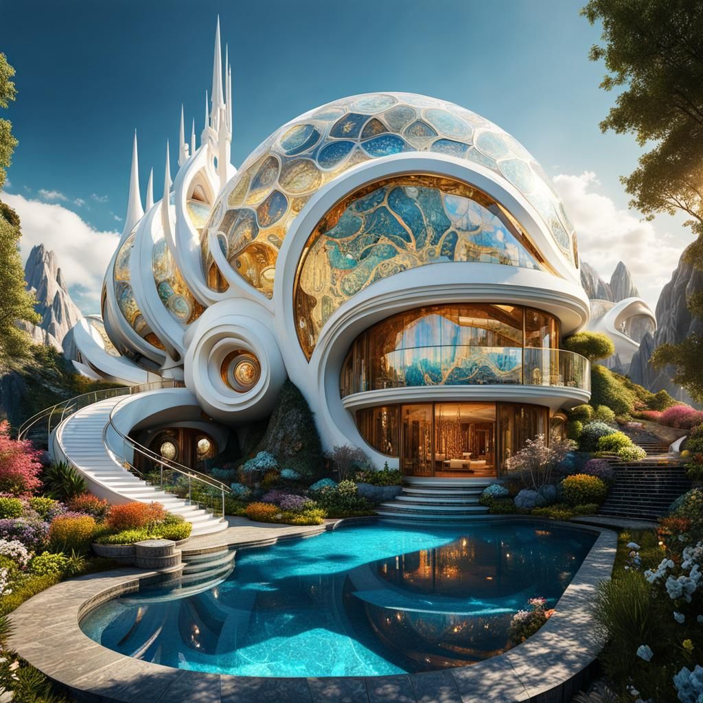 Futuristic Middle-Earth Snail House with Pool