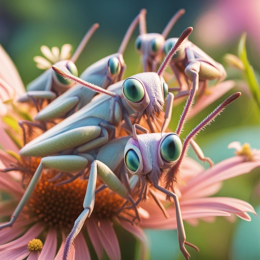 Pastel Grasshoppers with Large Eyes in 3D Cartoon Style