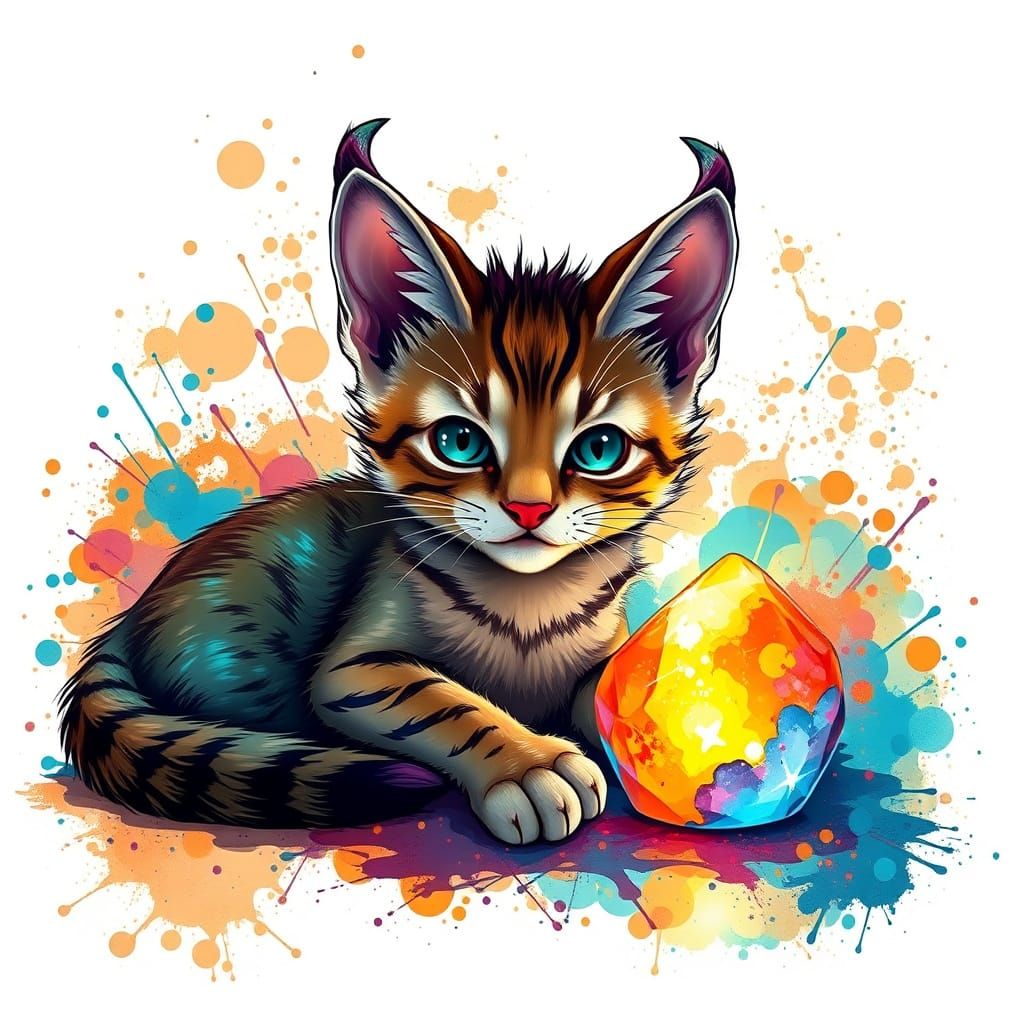 Horned Cat with Glowing Crystal, Organic Ink Art