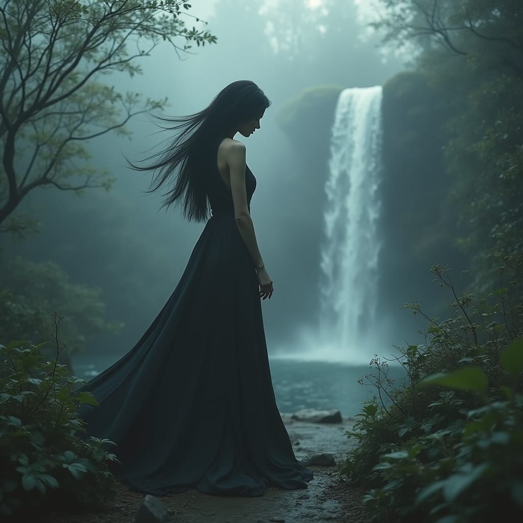 Mysterious Brunette Woman Explores a Misty, Dreamlike Garden