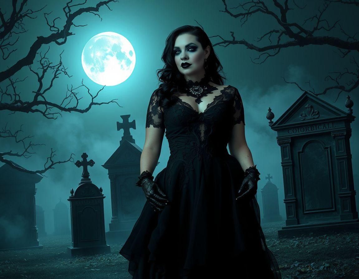 Gothic Woman in Graveyard, Blending Noir and Symbolism