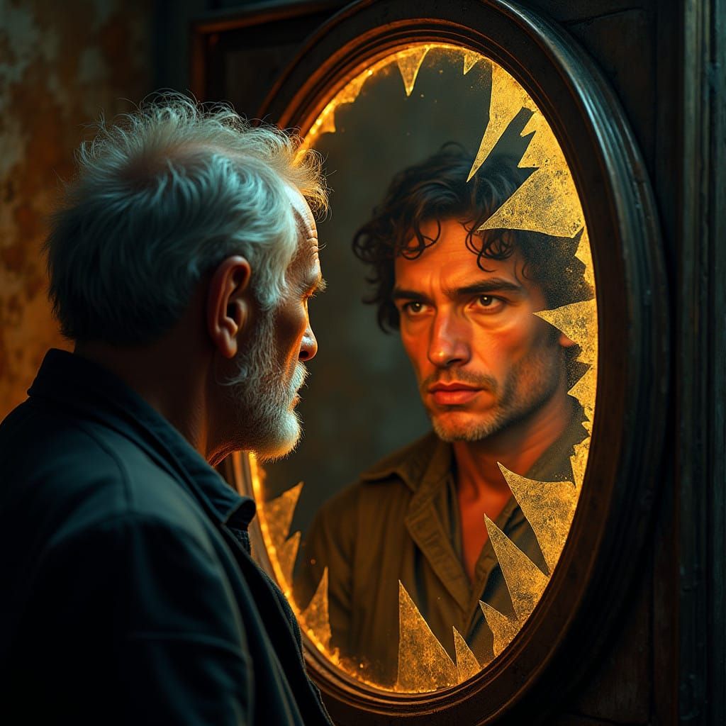 Man Reflecting on Time and Youth in Antique Mirror