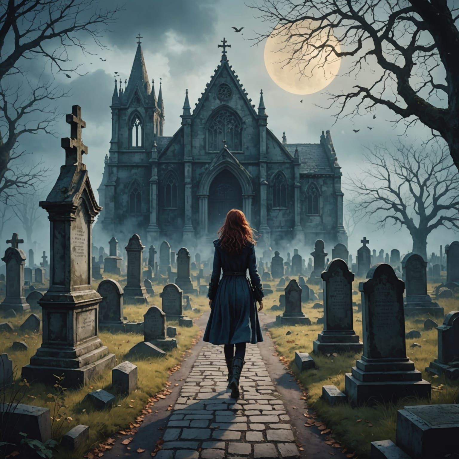 Watercolor Girl in Graveyard with Ghosts