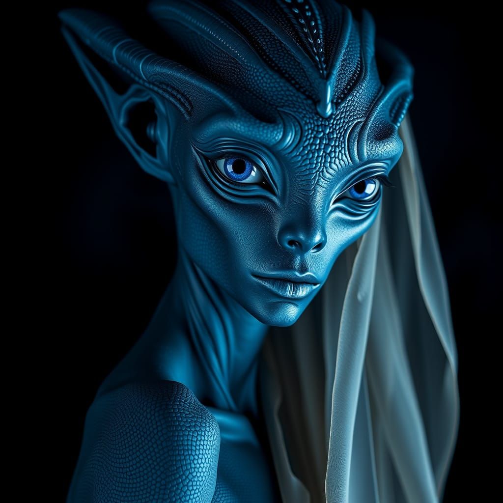 Serene, Blue-Skinned Alien Female Figure in Cinematic Style