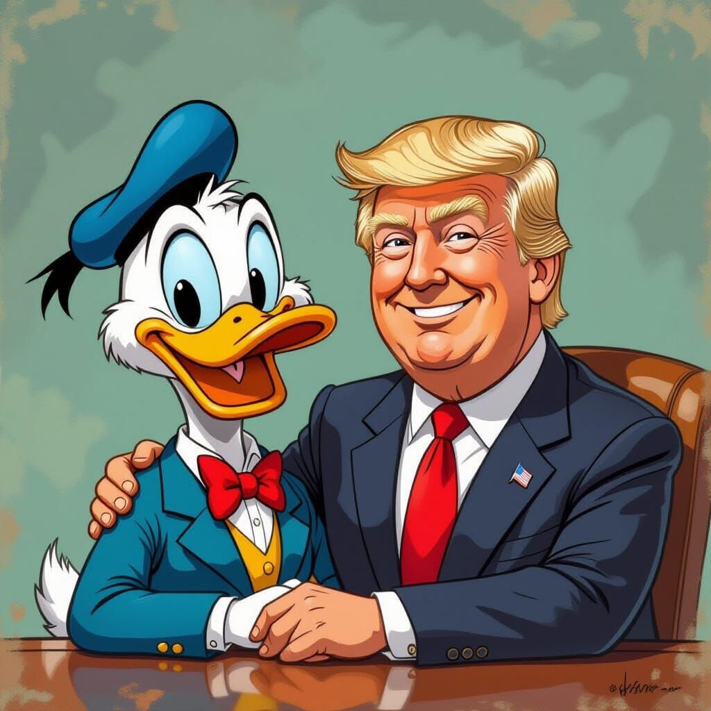 Donald Duck and Trump Embrace: Caricature Art