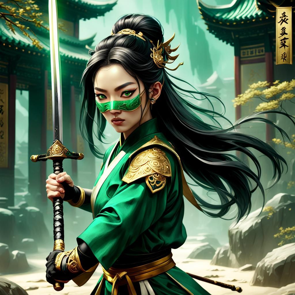 Wuxia Girl with Emerald Mask and Sword