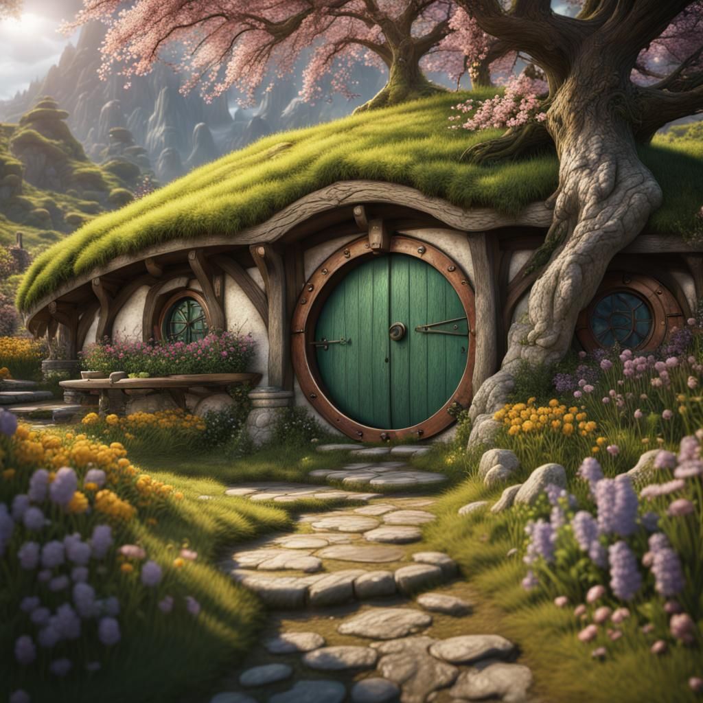 Enchanting Hobbit Hole in Spring Landscape