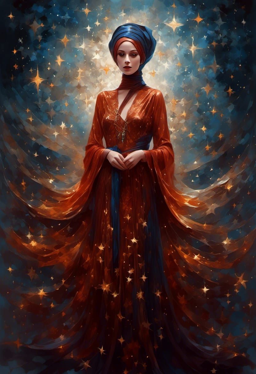 Woman in Starry Headscarf: Hyperrealistic Fantasy Portrait