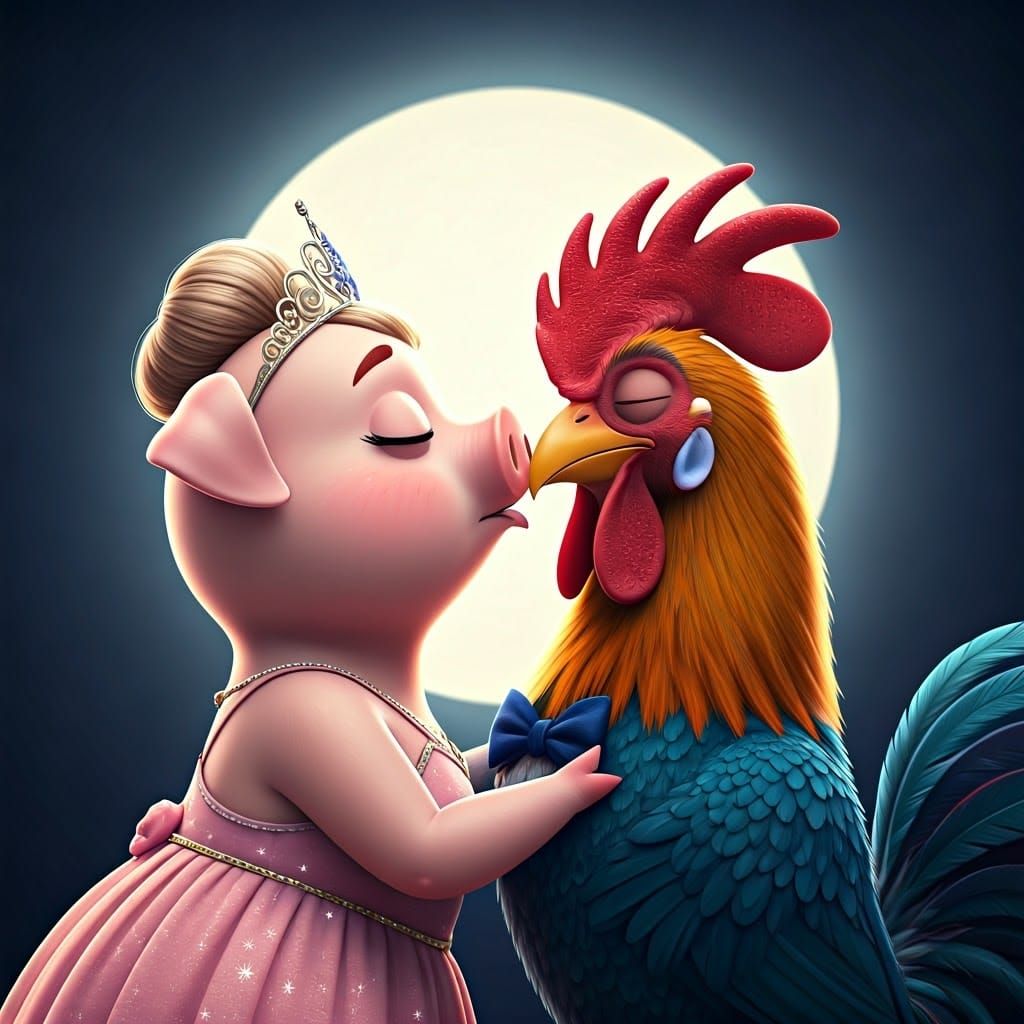 Tender Moonlit Kiss of Teenage Pig and Rooster