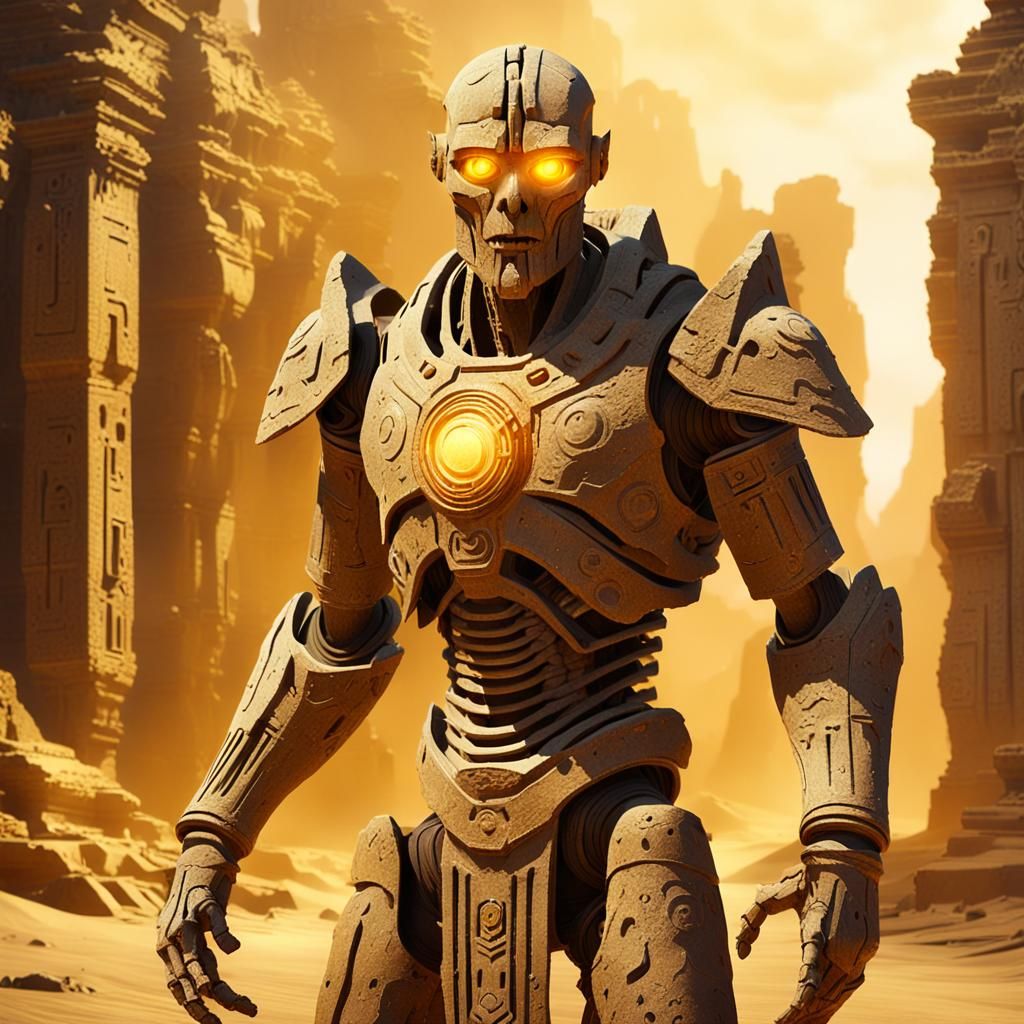 Sandstone Golem Amidst Ancient Mystical Ruins