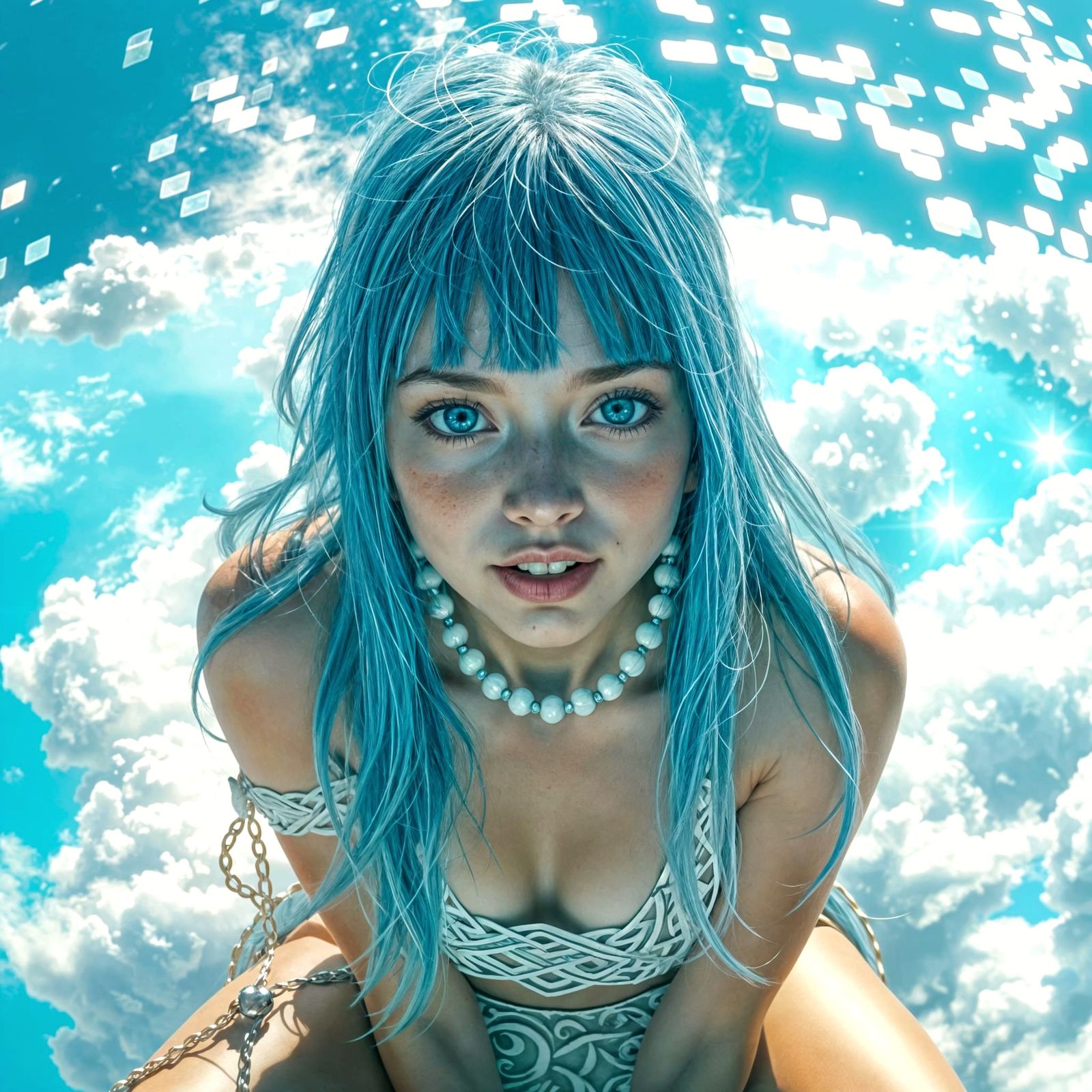 Ethereal Cloud Goddess with Vibrant Blue Hair and Glowing Ey...
