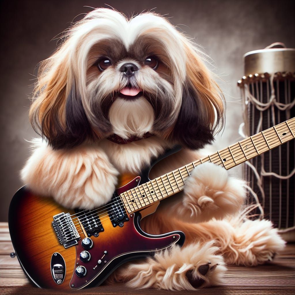 Shih Tzu Rocks Out on Electric Guitar