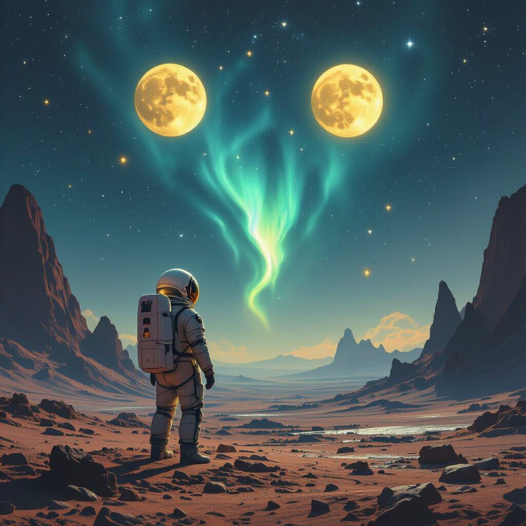 Astronaut on Alien Planet with Nebulae Sky