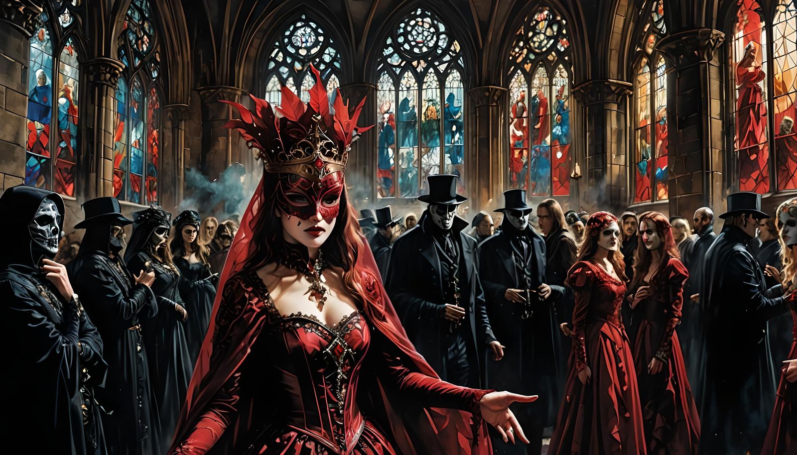 Sinister Masquerade Ball in Gothic Castle, Digital Illustrat...