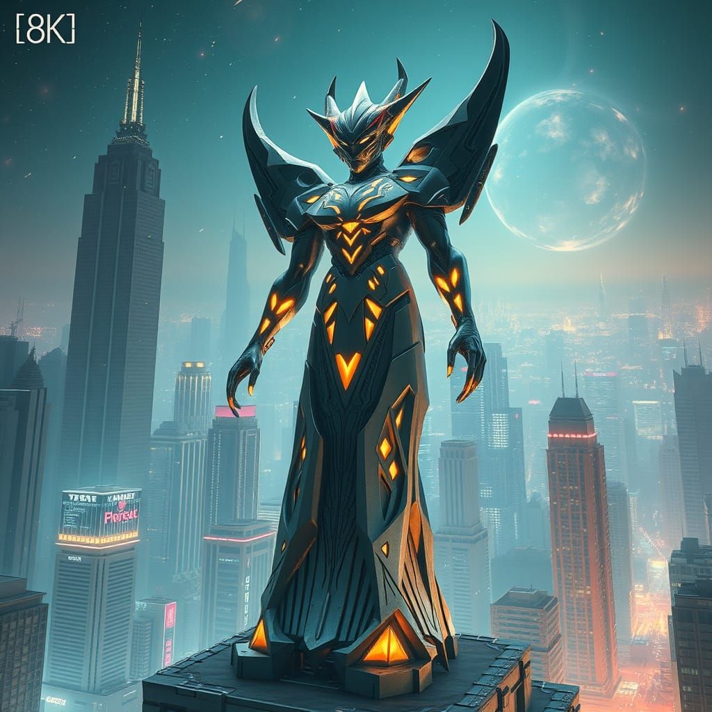 Cyberpunk Statue Rises from Futuristic Cityscape in Dreamlik...