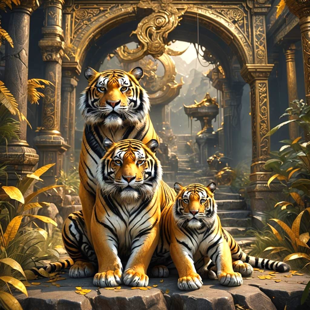 Golden and Black Tigers in Traditional Scene