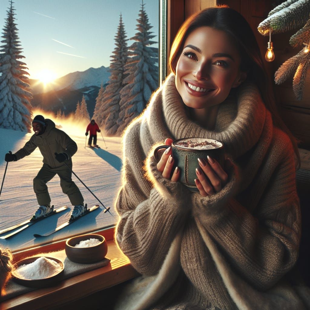 Cozy Lodge Scene: Woman Watches Skiers at Sunset