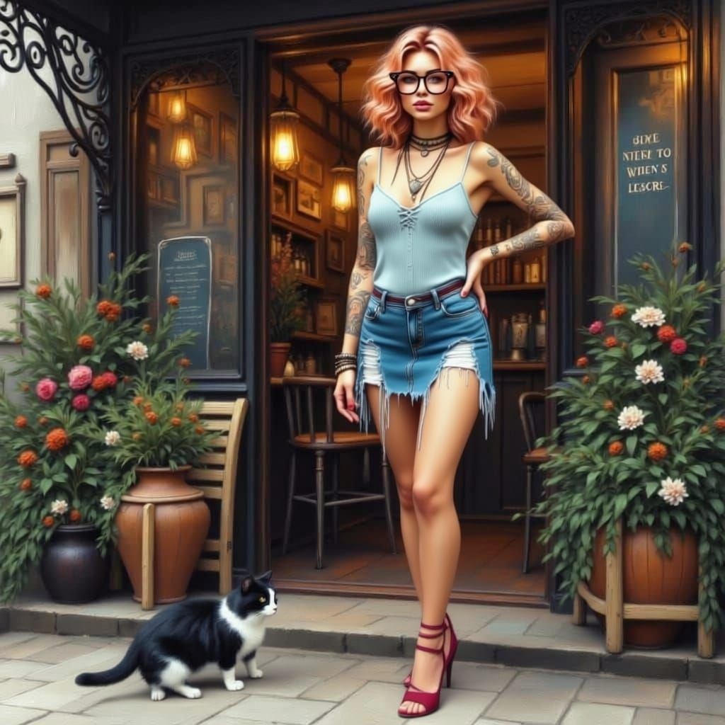 Modern Witch in Coffee Shop, Realistic Digital Painting