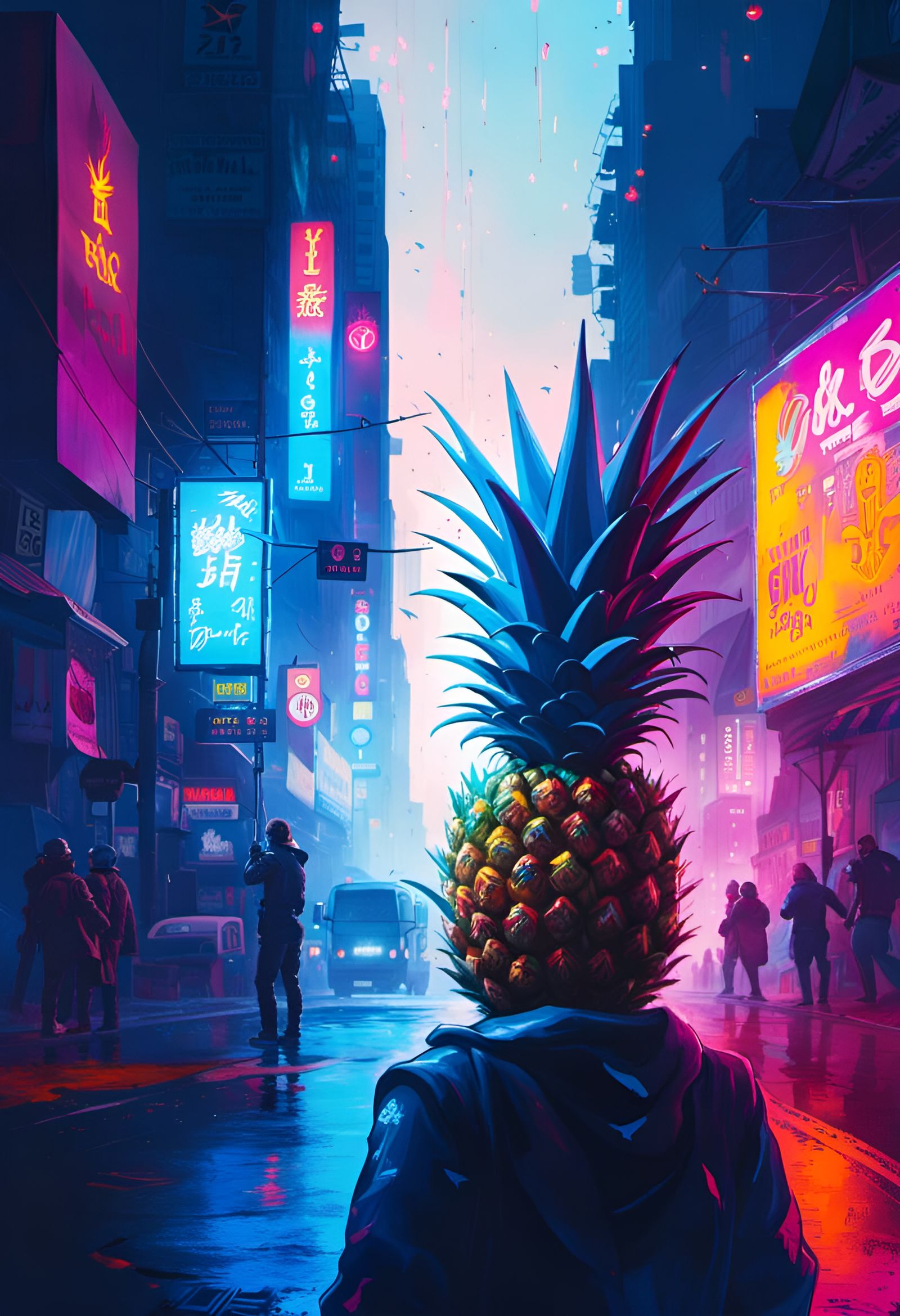 Pineapple Kaiju Attacks Neo Tokyo in Cyberpunk Style
