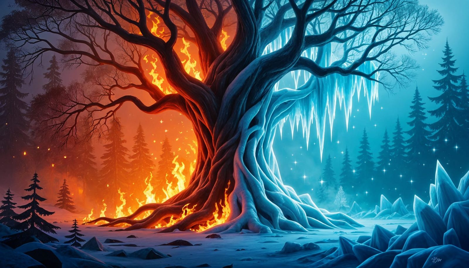 Enormous Tree Thrives with Fire and Ice, Fantasy Style