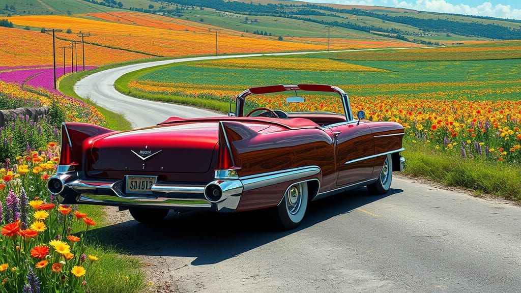 Nostalgic 1950s Convertible Cruises Through Vibrant Countrys...