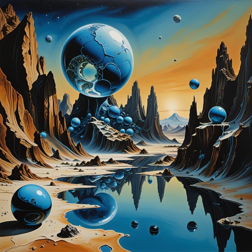 Surreal Blue Rock Towers on Alien Planet as Oil Painting