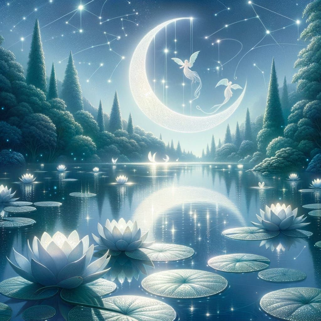Enchanting Moon Lily Lake with Dancing Spirits