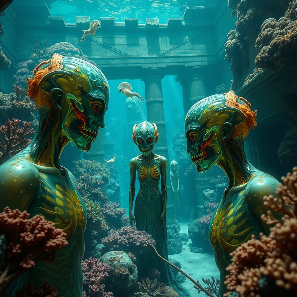 Bioluminescent Atlanteans in Underwater Market, Digital Art