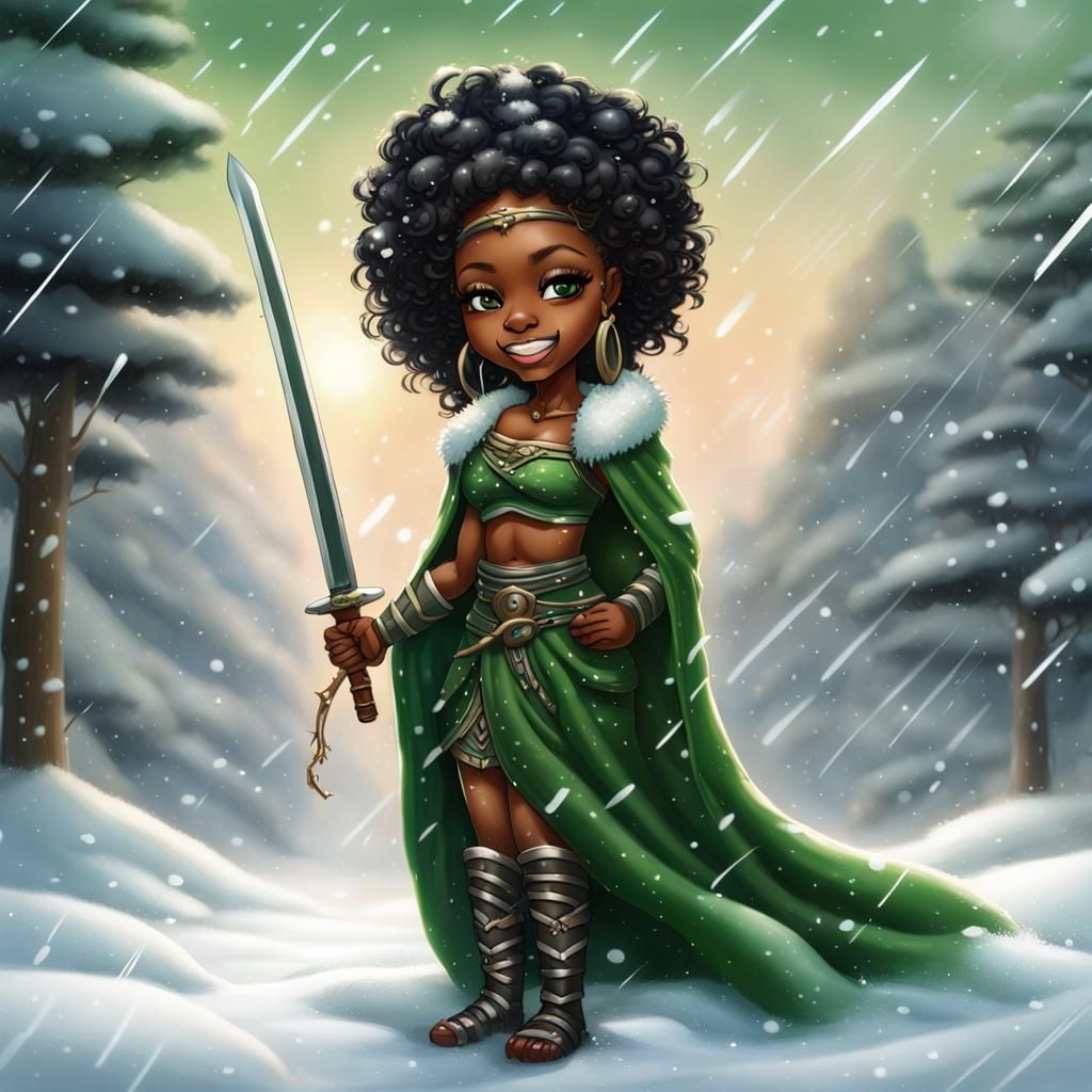 Chibi Warrior Princess in Snow, Airbrush Oil Painting