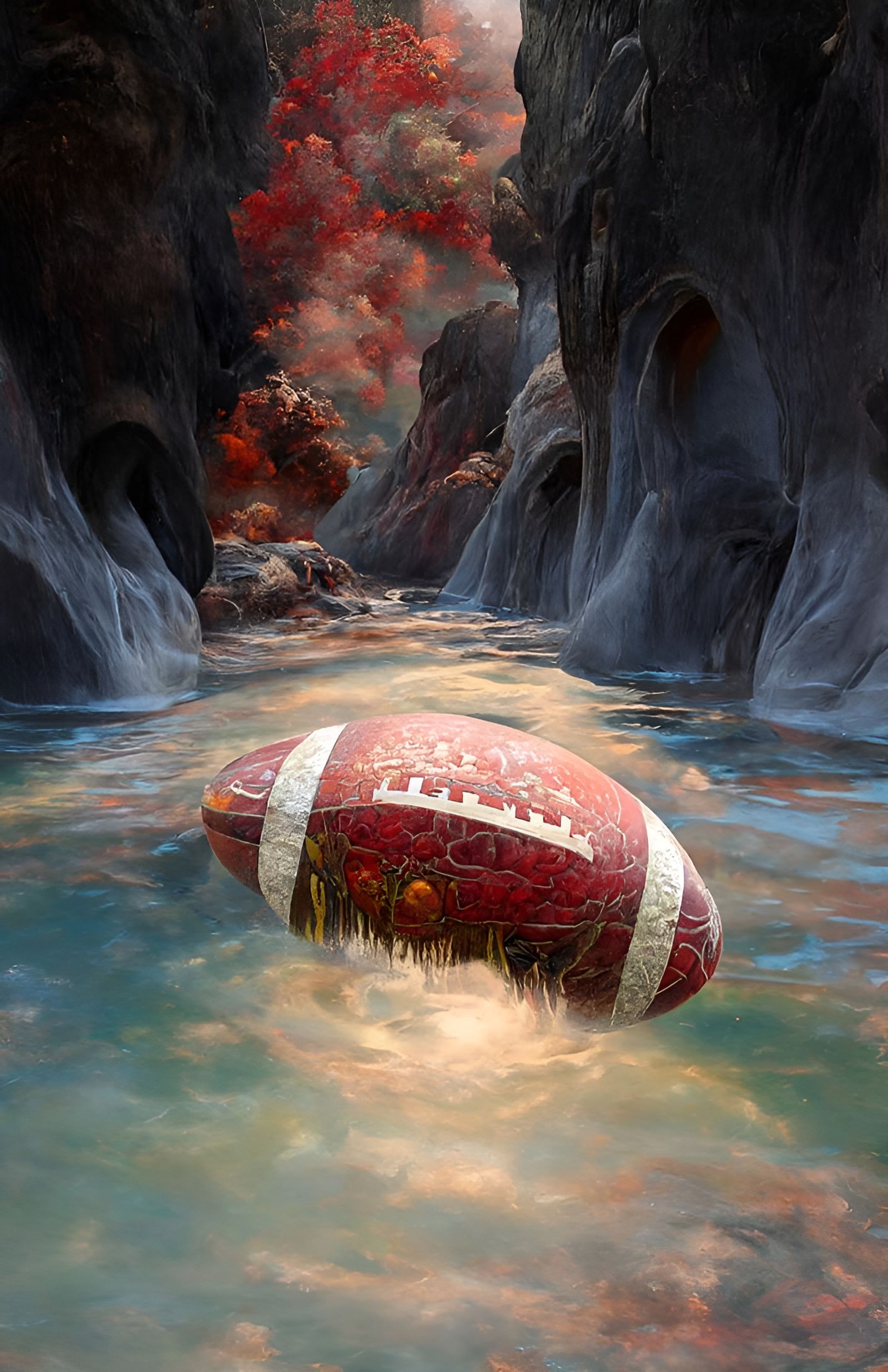 Giant Football Floating in Mystical Canyon, Digital Art