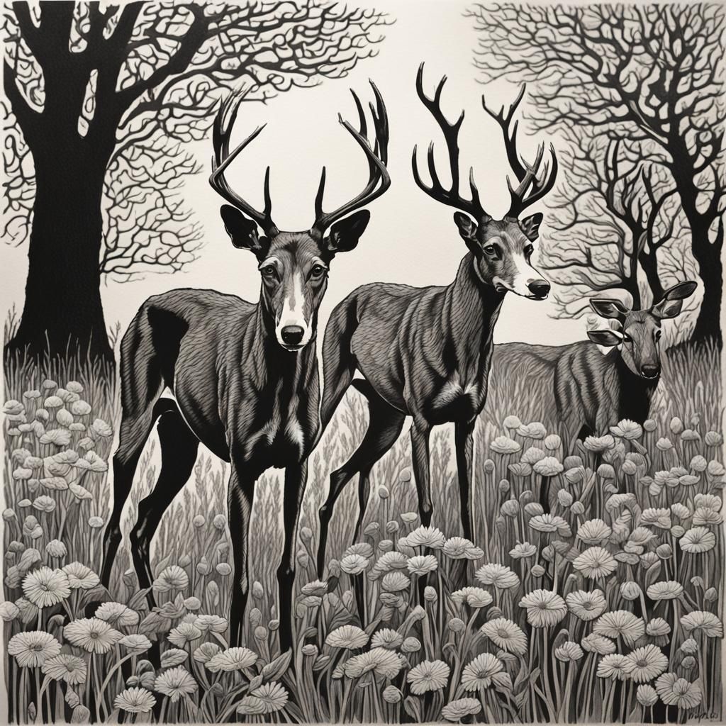 Linocut Print: Bedlington Whippet and Spring Stag