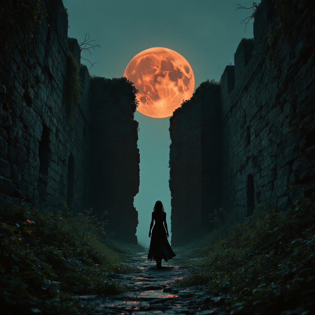 Woman Escapes Ancient Fortress Under Red Moon