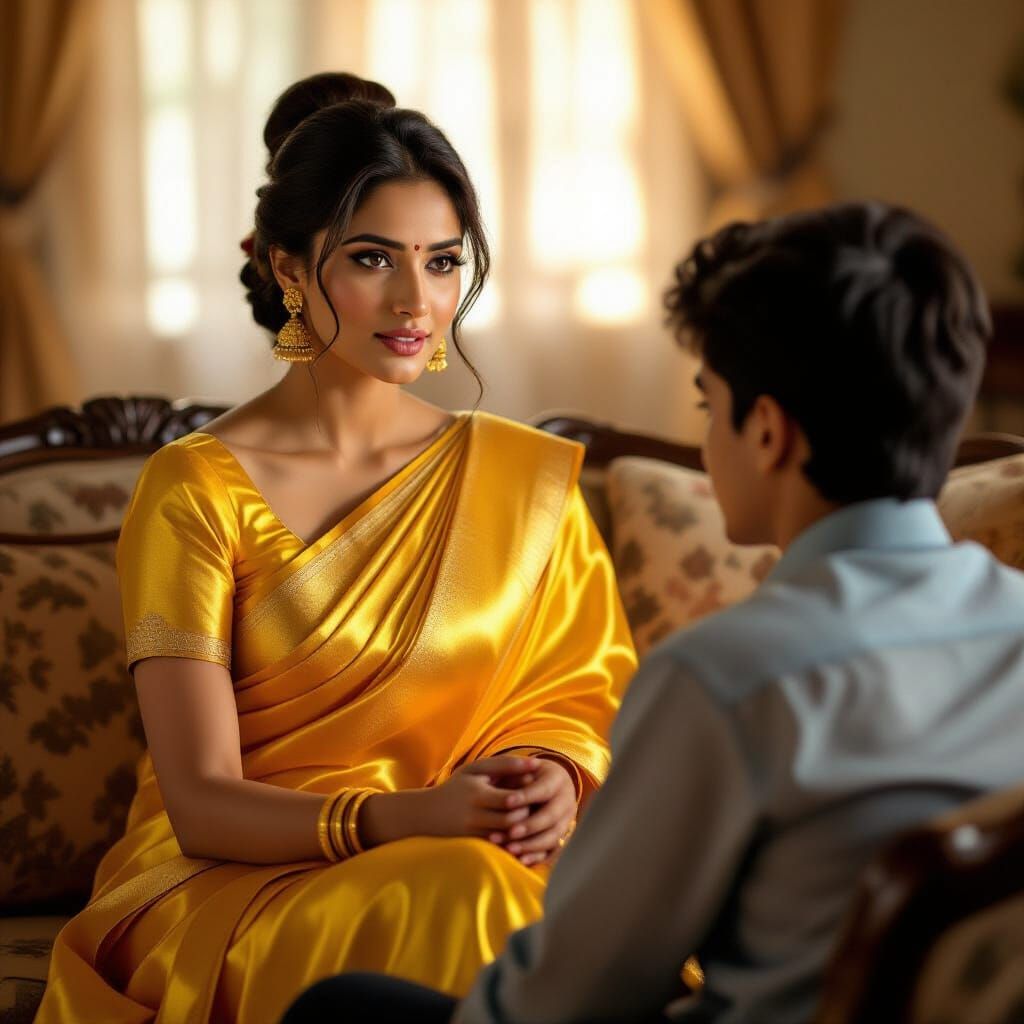 Beautiful Indian Woman in Yellow Sari, Cinematic Portrait