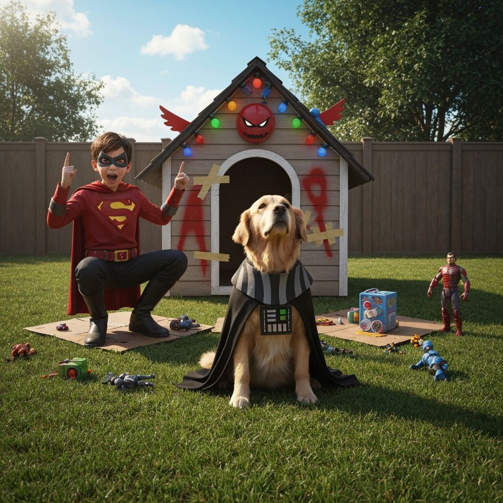 Supervillain and Dog in Backyard Hideout